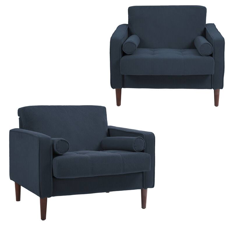 Corduroy Upholstered Armchair with Bolster Pillows Set of 2 - Blue