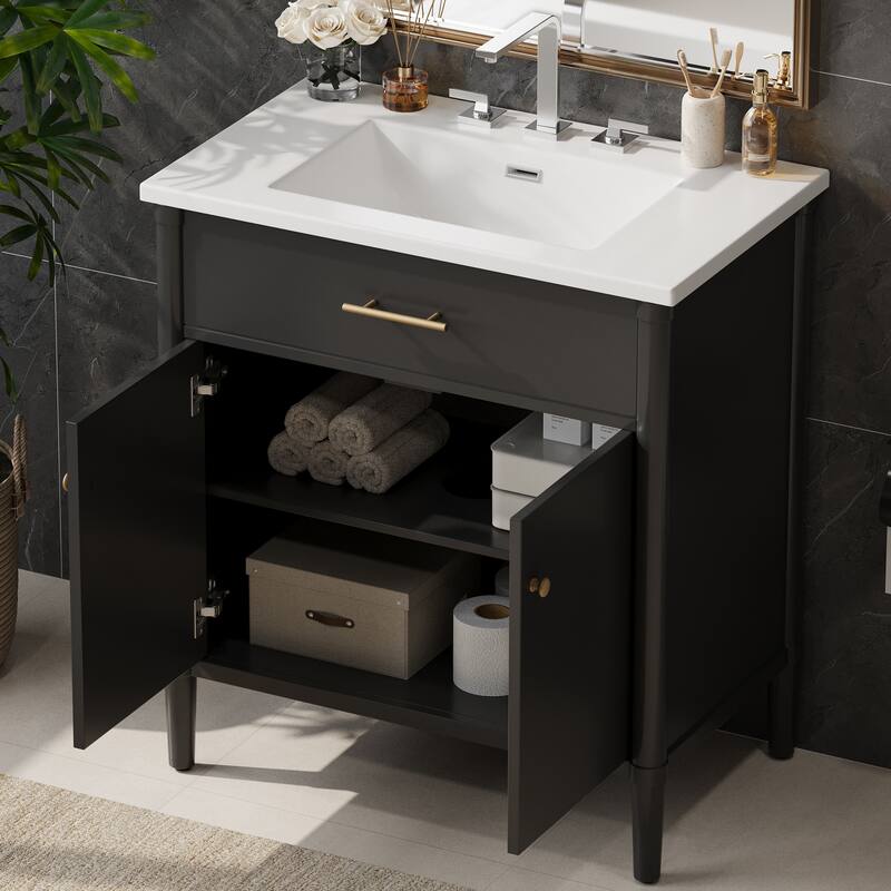 Bathroom Vanity with Ceramic Sink, Wooden Bathroom Storage Cabinet, Bathroom Cabinet with Soft Close Doors & Adjustable Shelf - Black
