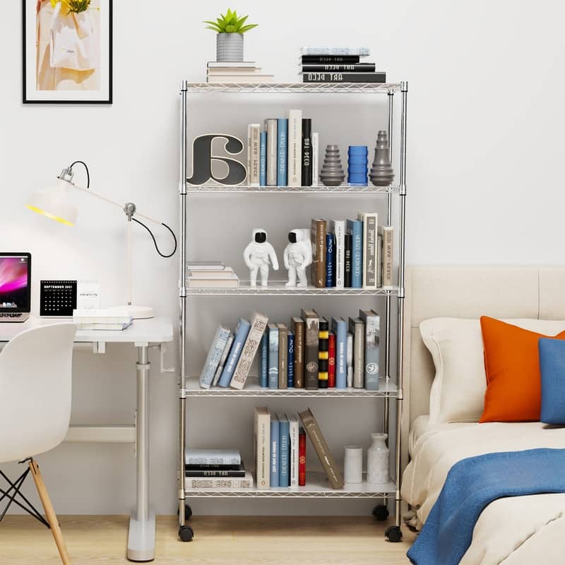 3/5/6-Tier Adjustable Heavy Duty Wire Shelving Unit with Wheels, Chrome/Black/White