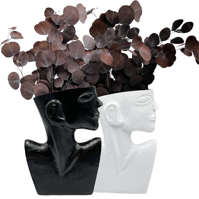 14.5 Inch Tall Decorative Handmade Aluminum Face Flower Vase - Black