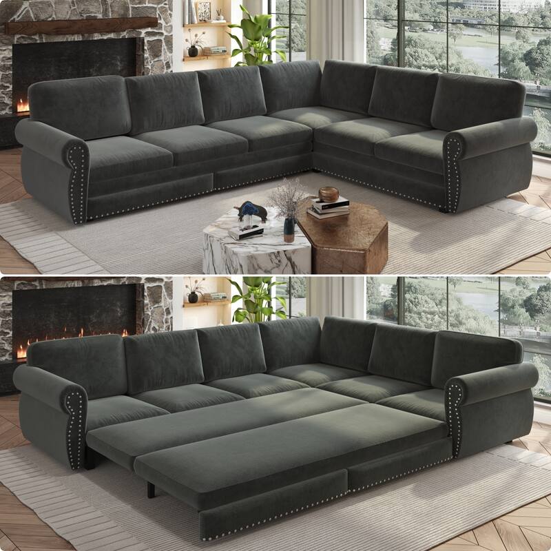 L-Shaped Sofa Couch with Pull-Out Bed, Convertible Sleeper Sofa with Nailhead Trim & Rolled Arms, Chenille Upholstered Couch - Dark Gray