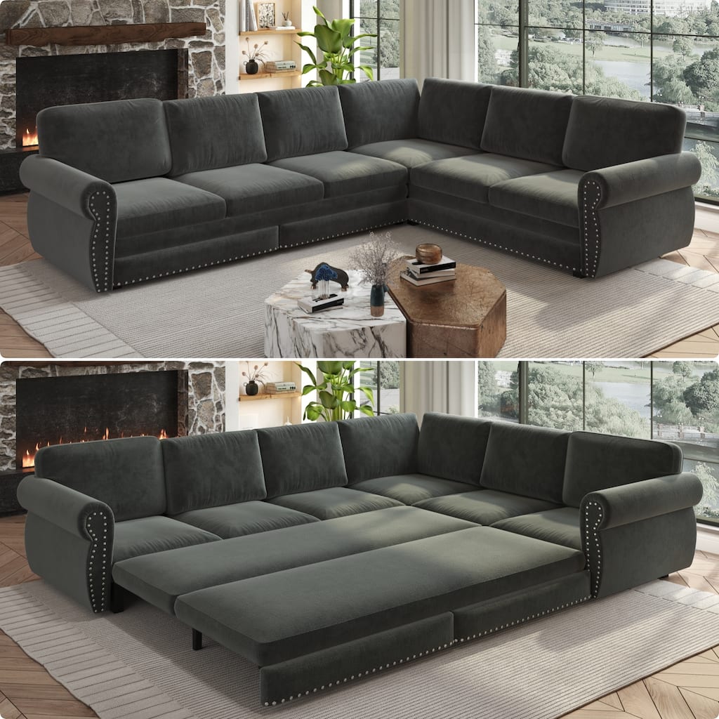 L-Shaped Sofa Couch with Pull-Out Bed, Convertible Sleeper Sofa with Nailhead Trim & Rolled Arms, Chenille Upholstered Couch