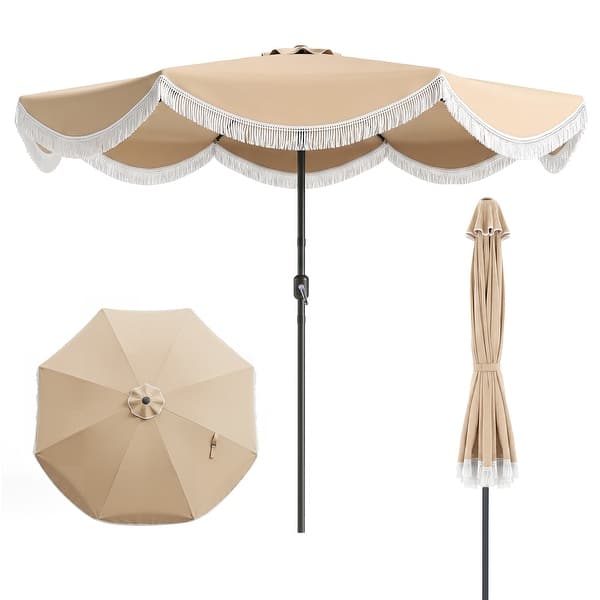 Costway 9 FT Patio Umbrella with Fringe, Push Button Tilt, Crank, 8