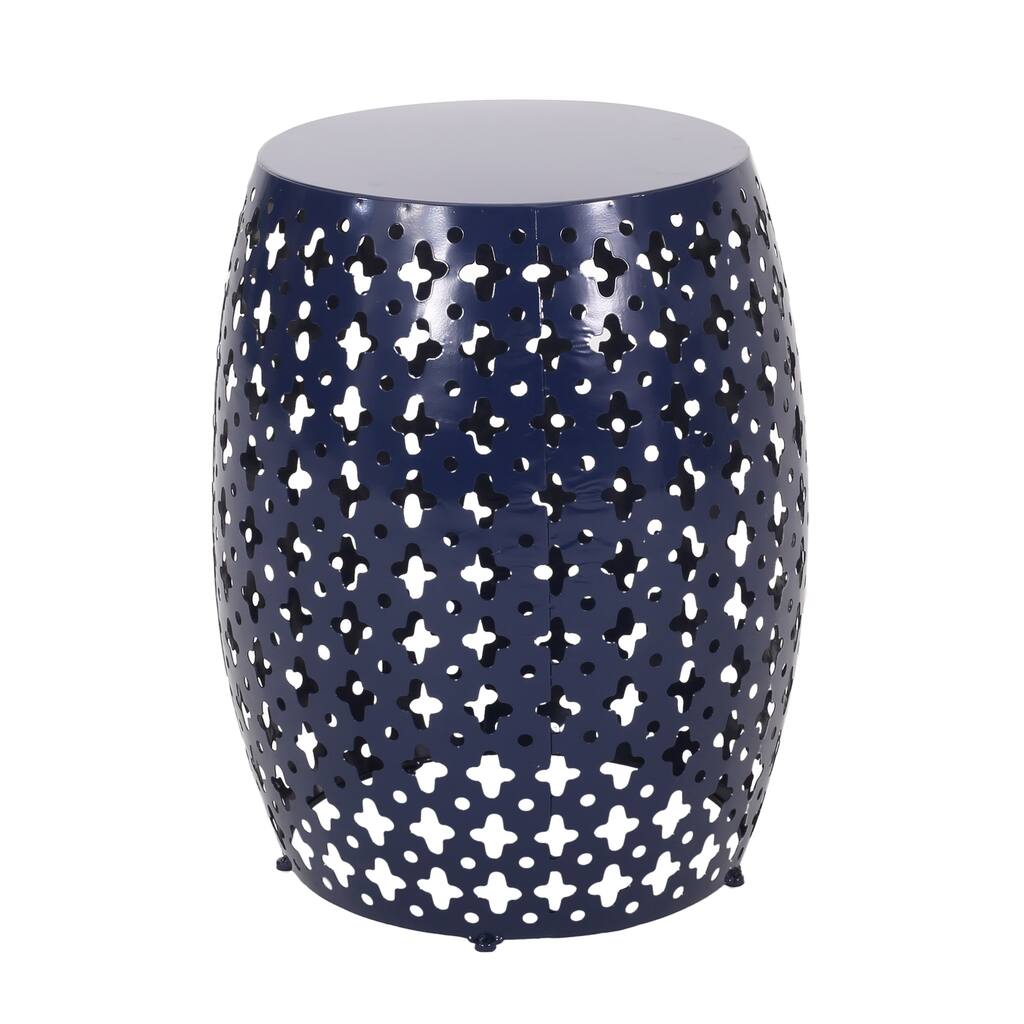 Miami Outdoor End Table, Cutout Design, Round 17 Inch, Navy Blue Iron