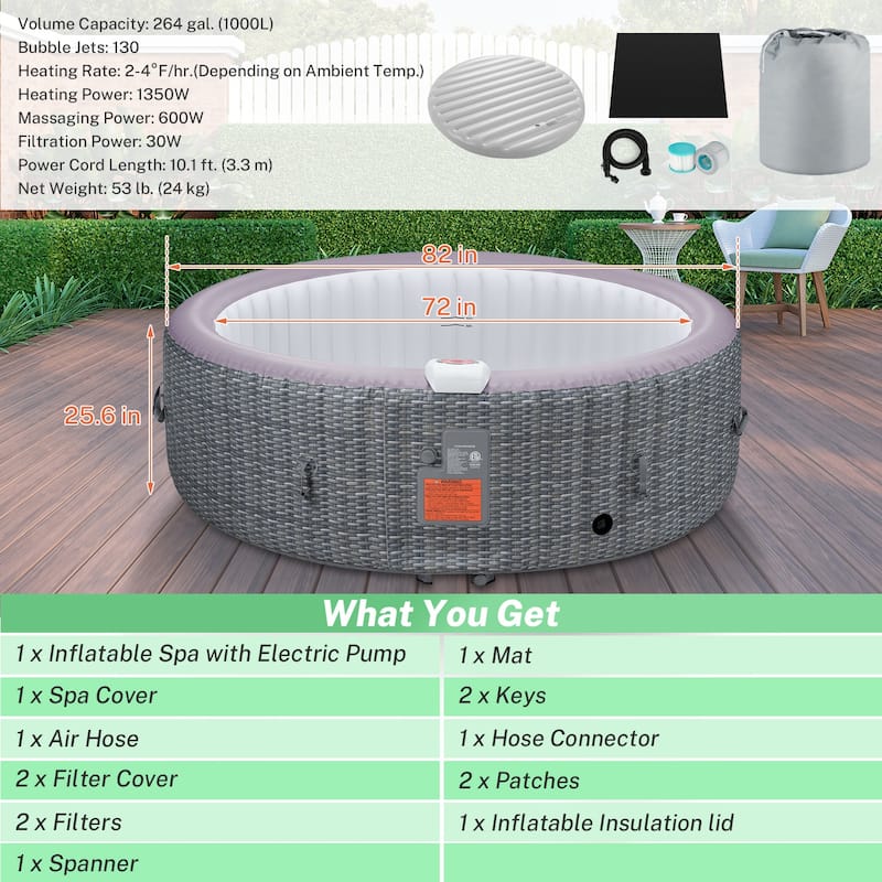 82''Inflatable Hot Tub w/Heating & Filters，Portable Hot Tub for Home Spa，6 Person Round Pool