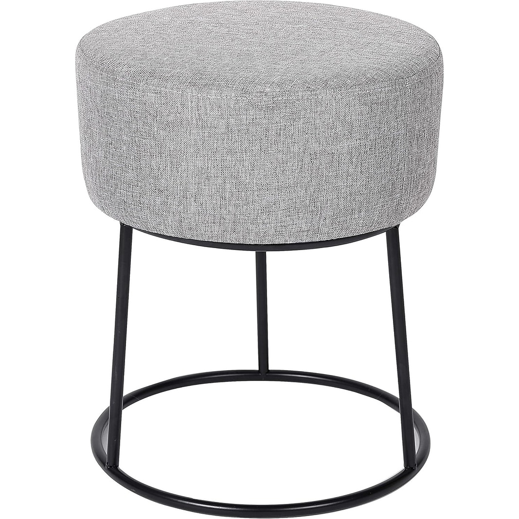 Round Upholstered Foot Stool with Metal Legs - Soft Padded Grey Linen Ottoman for Living Room, Bedroom, Kids Room, Desk