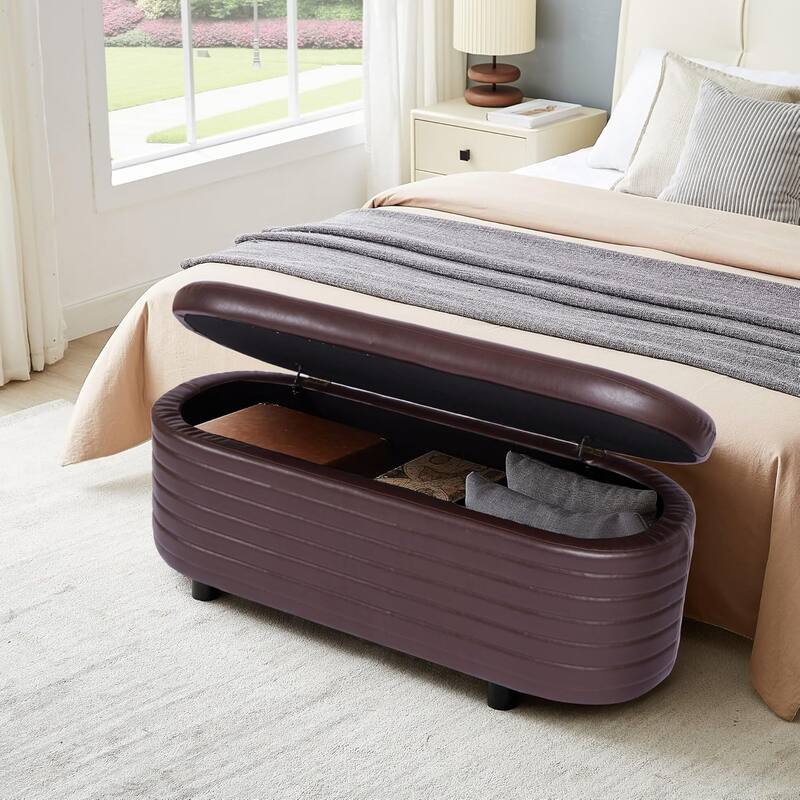 Modern Home PU Leather Storage Bench, Entryway Padded Footstool with Solid Wood Legs, End of Bed Seat for Living Room Bedroom