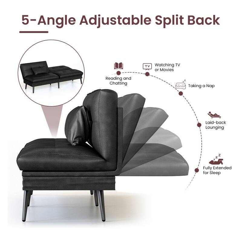 Grondin Convertible Futon Sofa Bed, 5-Angle Adjustable Backrest Sleeper Couch with 2 Pillows, Modern Style Recliner Lounge
