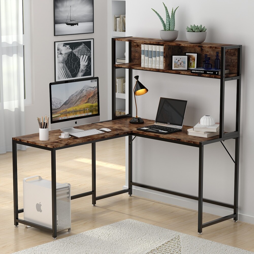 55" L-Shaped Desk Corner Computer Desk Writing Workstation Table w/Hutch Black 