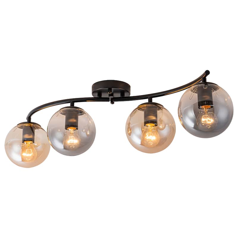 4 Lights Linear Metal Flush Mount Ceiling Light with Smoky and Amber Glass Globes - Dia.31.89-in