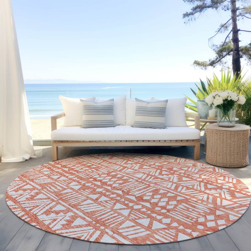Machine Washable Indoor/ Outdoor Chantille Boho Tribal Rug - Coral - 8' x 8'