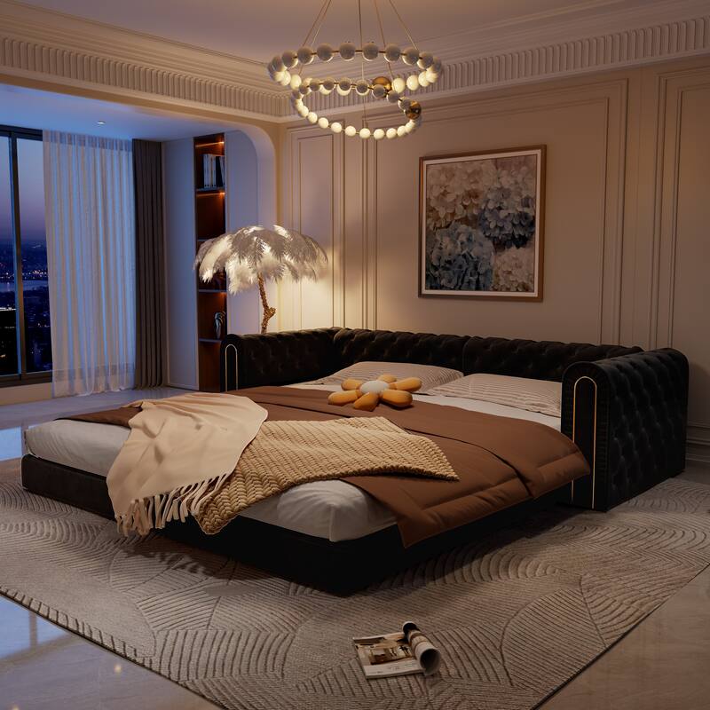 90.6" Velvet Pull Out Sofa Bed, 3-in-1 Convertible Sleeper Sofa with Movable Ottoman, Modern Button Tufted Chesterfield Sofa