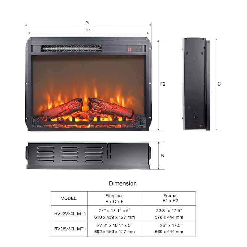 26" Black Ultra-thin Timing Electric Fireplace Insert with Log set, Overheating protection