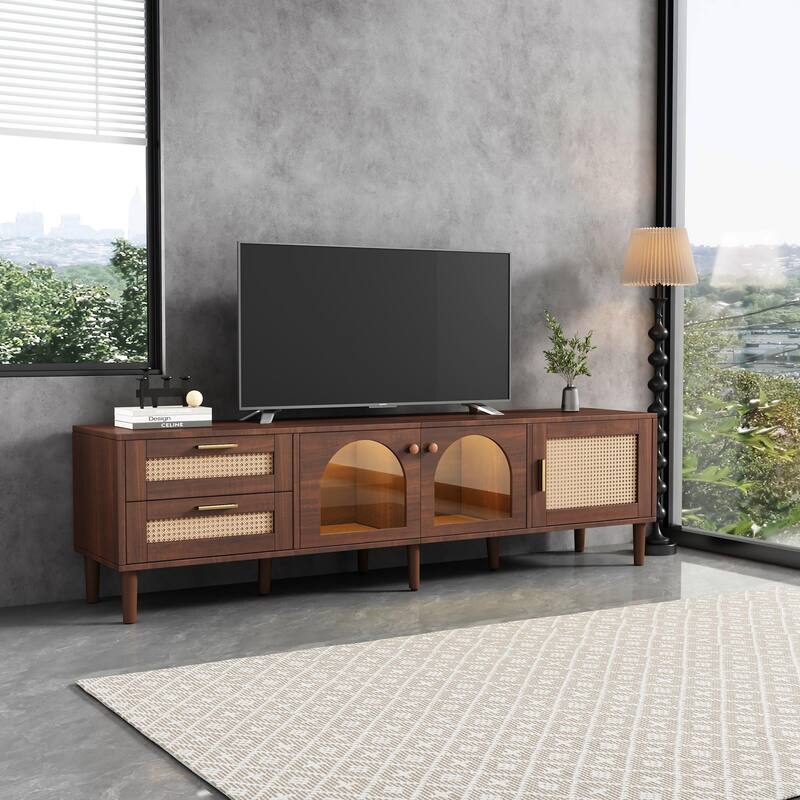 Modern Media Console with Rattan Design, LED Lights & Storage for TVs up to 80" - Living Room & Bedroom TV Stand