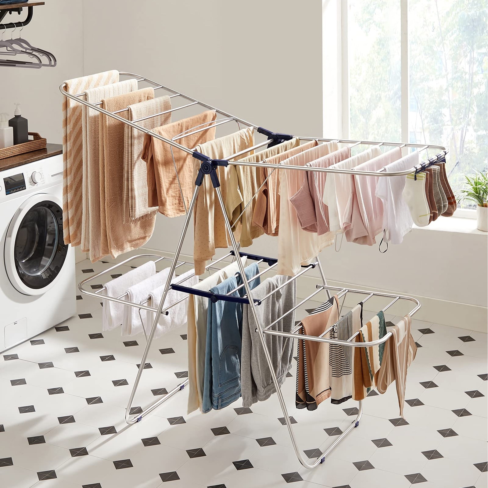 Folding Clothes Drying Rack with Height-Adjustable Wings