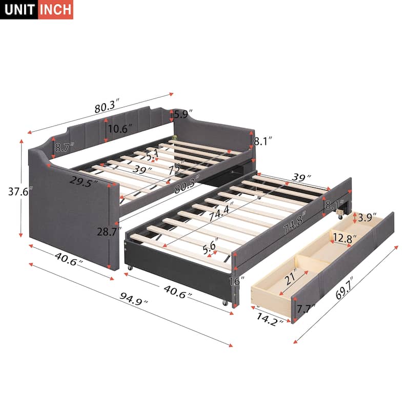 Twin Upholstered Daybed with Trundle and 3 Drawers, Solid Wood Sofa Bed Frame, No Need for Box Spring