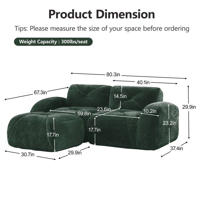 Velvet Tufted Loveseat Sofa Modular Couch, Boneless Deep Seat 2-Seater Couch, Available with/without Ottoman