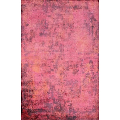 Hand Knotted Oriental Viscose Silk Carpet Modern All-Over Pink Abstract Area Rug - 7' 9'' X 5' 7''