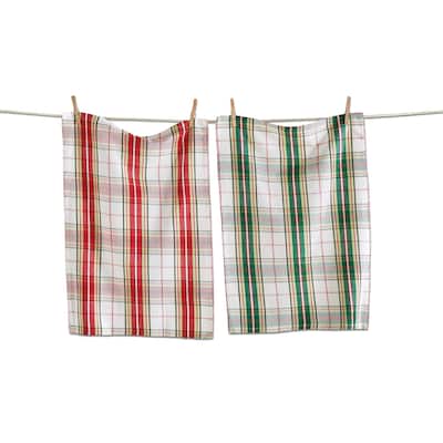 Jolly Plaid Dishtowel Set of 2 Multicolor Cotton Kitchen Towels for Christmas Machine Washable 26 x 18 Inches