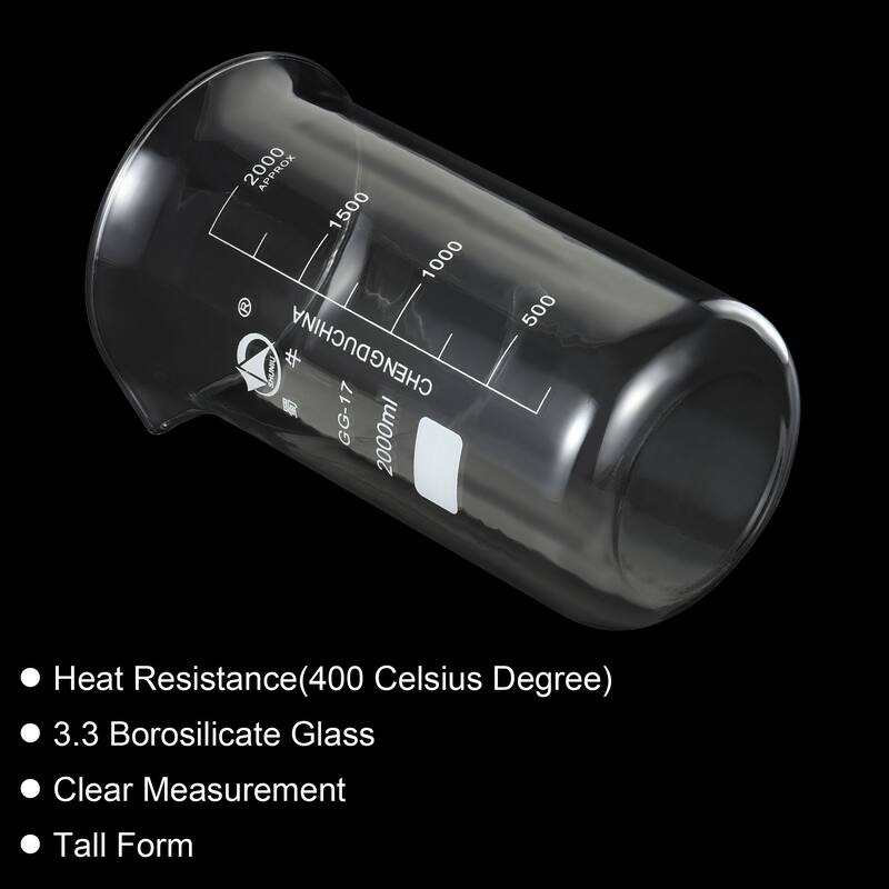 2000ml Tall Form Glass Beaker, 3.3 Borosilicate Lab Measuring Cups - Clear