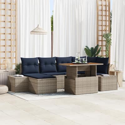 vidaXL 7 Garden Sofa Set with Cushions Black/Grey Poly Rattan - 103.9 x 60.6 x 27.2