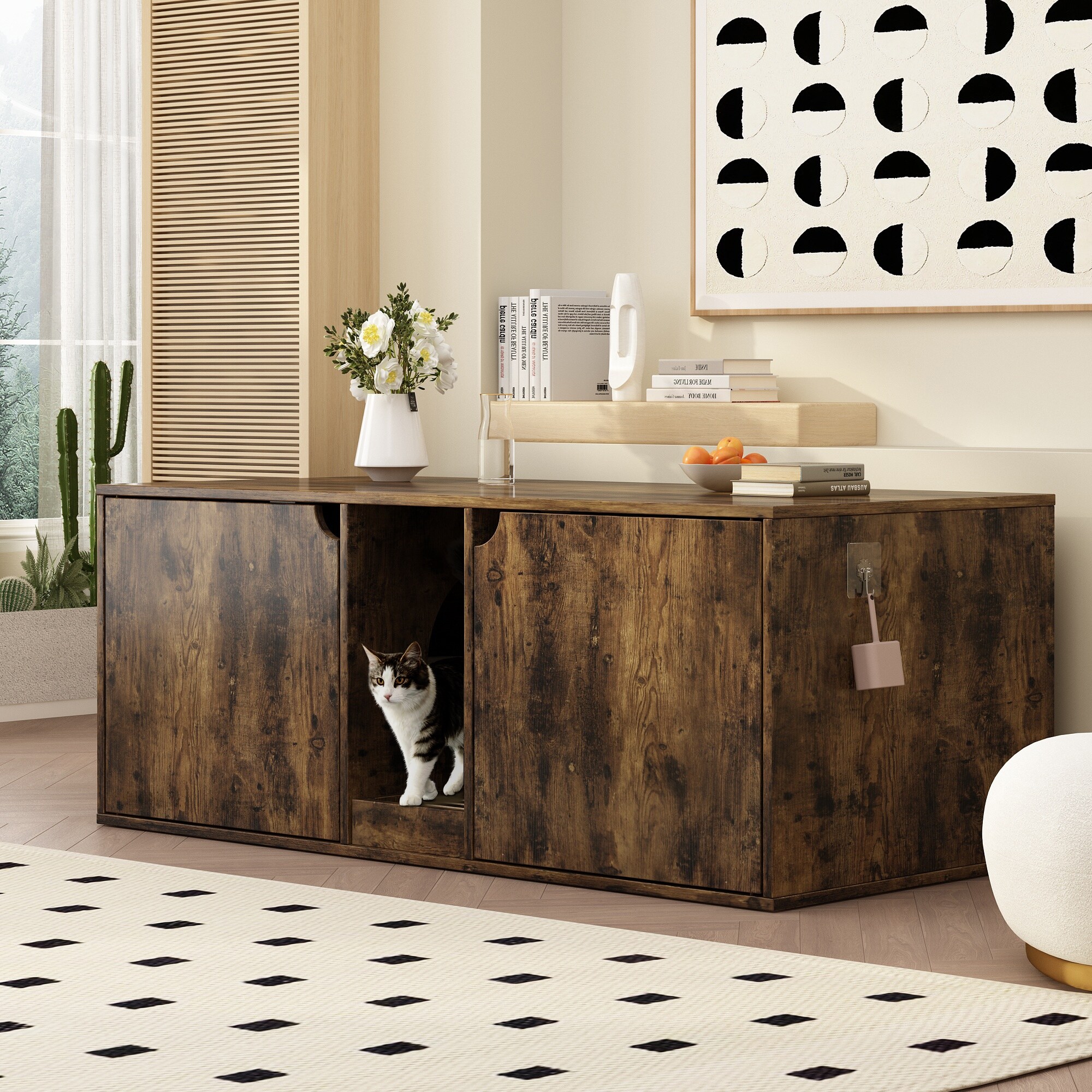 Cat Litter Box Furniture Double Door Access Spacious Easy to Clean