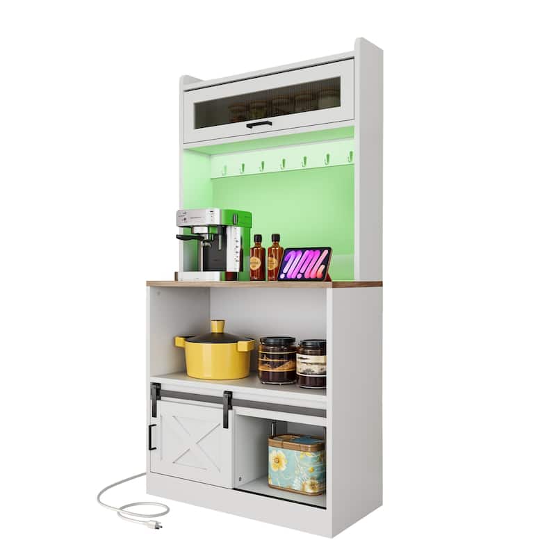 Moasis Farmhouse Kitchen Baker's Rack with Storage Shelves and Sliding Door & Power Outlets