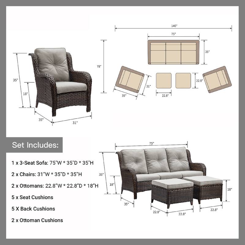 Pocassy 5-Piece Patio Furniture Set with Ottomans