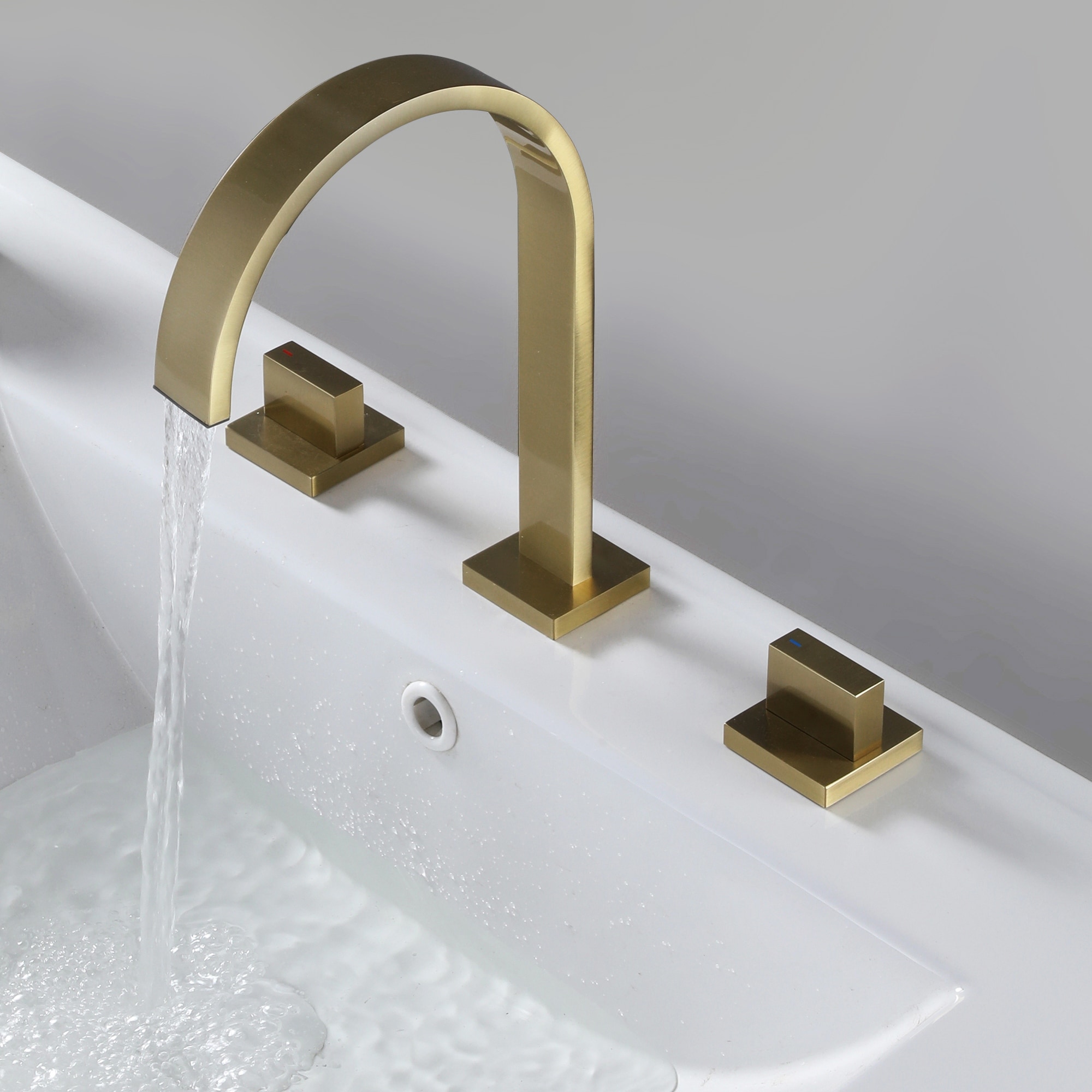 High-Arc Bathroom Sink Faucet Widespread with 2 Square Handles in Black /  Gold