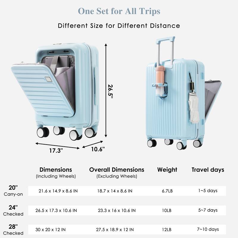 Merax 3 Piece ABS Hardshell Front-Opening Luggage Sets, Carry on Suitcase with USB Port and Cup Holder & Spinner Wheels