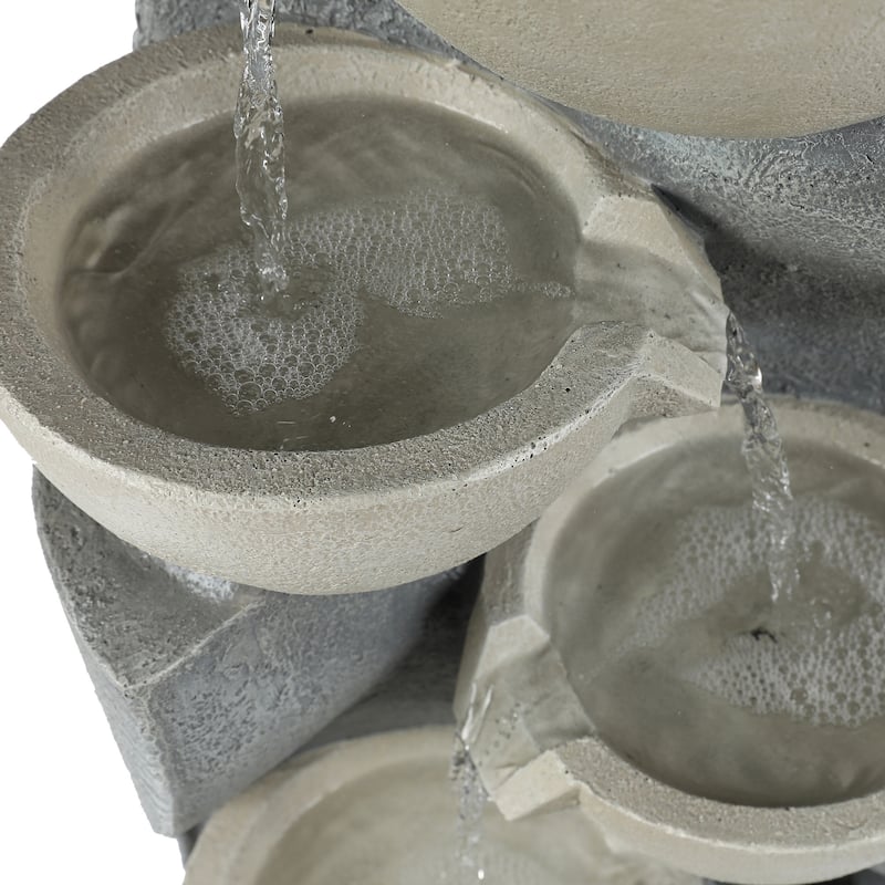 Modern Gray CementTiered Bowls Outdoor Fountain with Lights