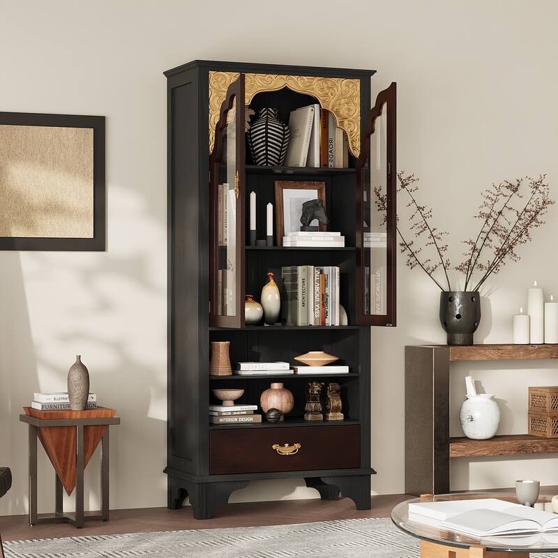 Asian Style Display Cabinet with Glass Doors Accent Curio Cabinet with Drawer Solid Wood and Tempered Glass Storage Shelf