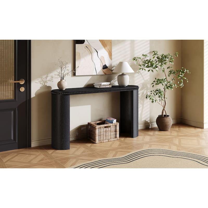 Vintage Console Table With Beaded Trim And Reversible Curved Legs,Natural Wood Veneer Finish-Entryway Accent Table