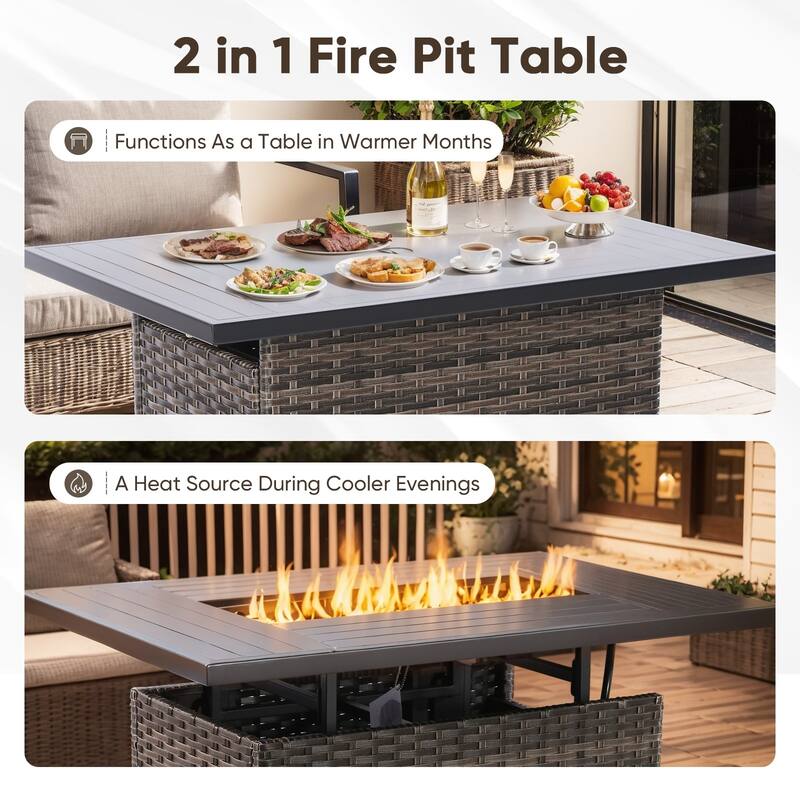 Outdoor Sofa Set with Grey Wicker Fire Pit Table - Grey Wicker Sofa Chair w/ Grey Wicker Fire Table
