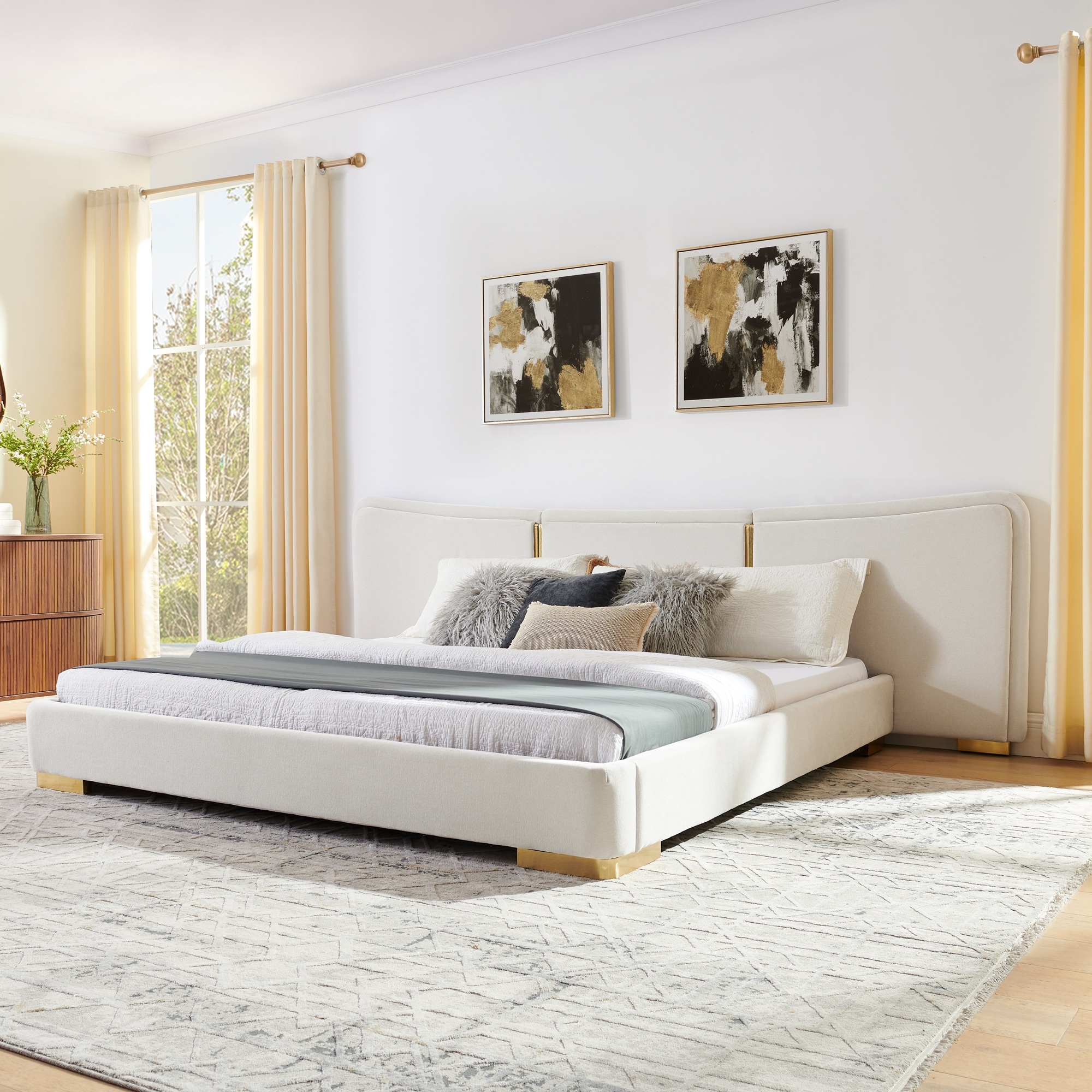 King Size Extra Large Platform Bed, Soft Chenille Fabric Frame, Curved Headboard, Reinforced Electroplated Metal Legs
