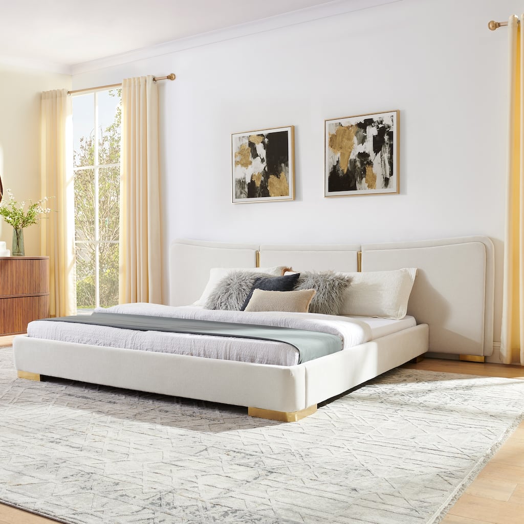 King Size Extra Large Platform Bed with Soft Chenille Fabric and Curved Headboard