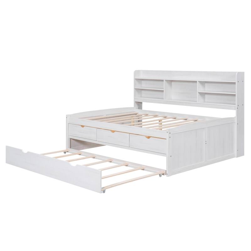 Full Size Wooden Bed with Bookcase Headboard, Three Storage Drawers, and Trundle for Space-Saving Design