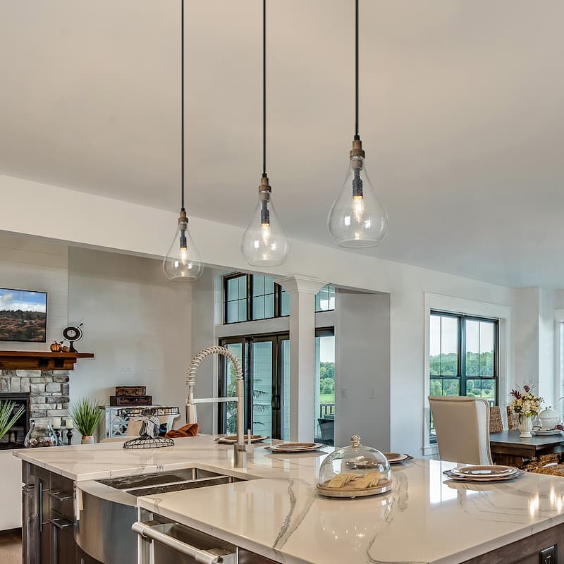 Rustic Farmhouse 1-light Pendant Kitchen Islands Lighting Brown Wood Decor with Seeded Teardrop Glass Shade - D 6'' x H 72''