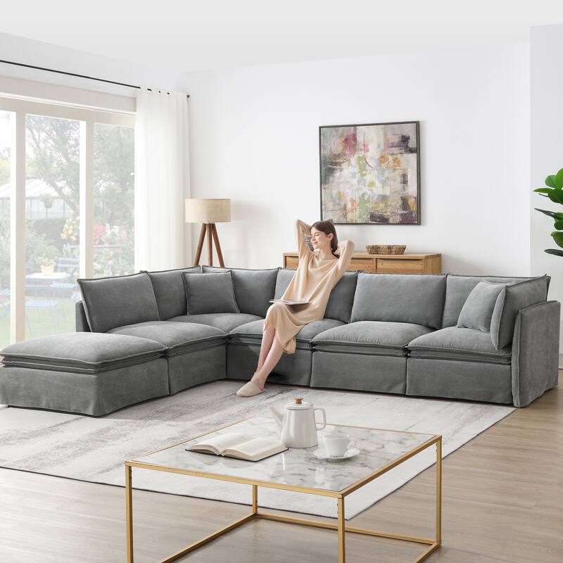 L Shaped Modular Sectional Chenille Sofa with Movable Ottoman