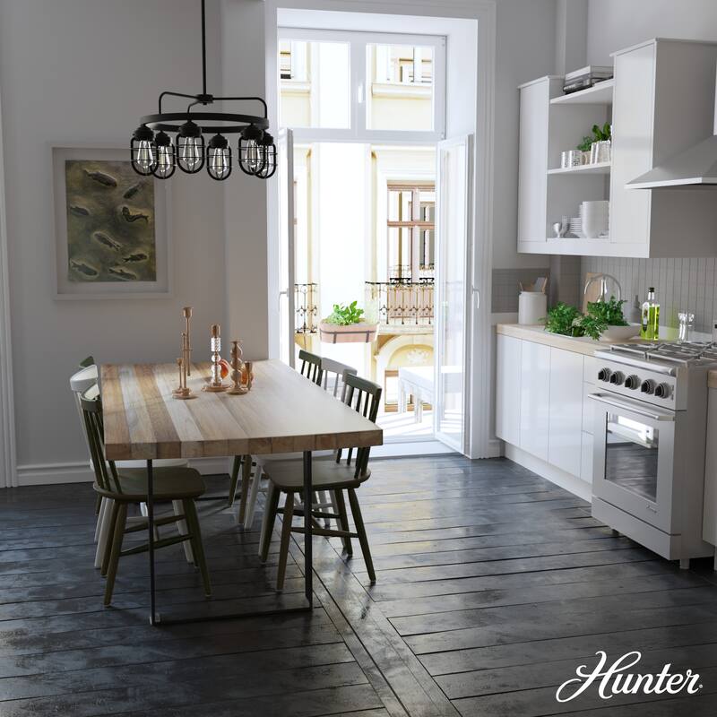 Hunter Starklake 6-Light Chandelier - Dining Room, Entry, Kitchen Table - Industrial, Wheel, Rustic, Caged Design