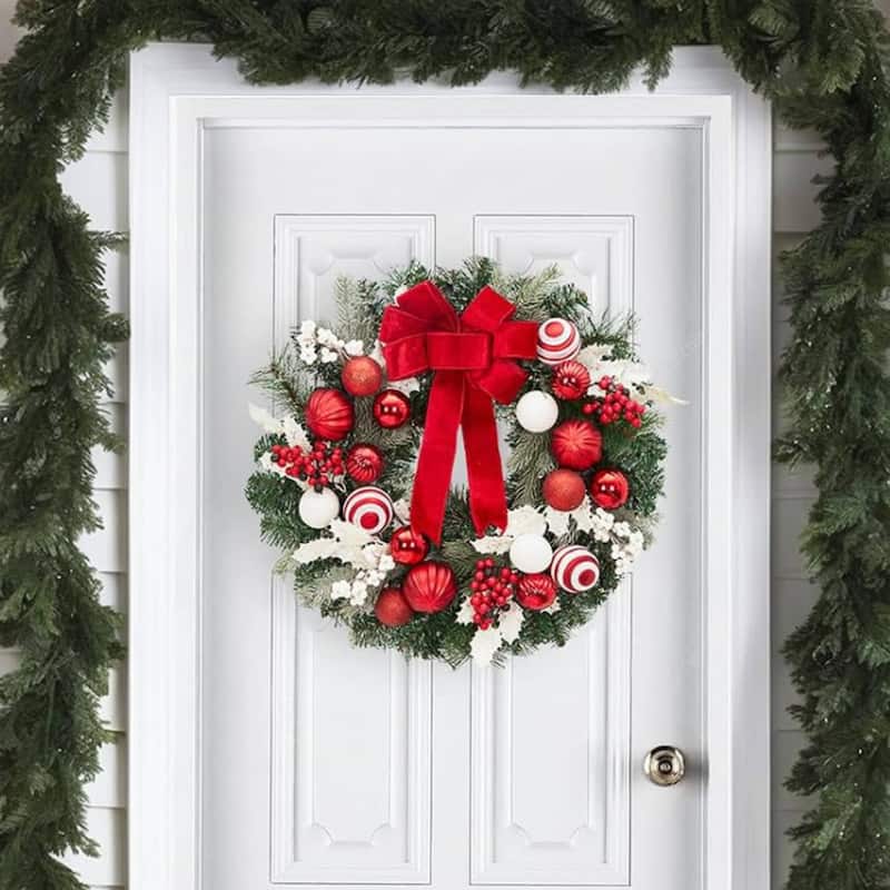 24 in Pre-Lit Christmas Wreaths with Lights, Xmas Wreath for Front Door - N/A - Red