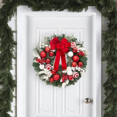24 in Pre-Lit Christmas Wreaths with Lights, Xmas Wreath for Front Door - N/A