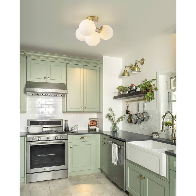 Modern 4-Light Flush Mount Ceiling Light with Opal Glass Globe Shades - Brass - 17.72-in W x 11.02-in H