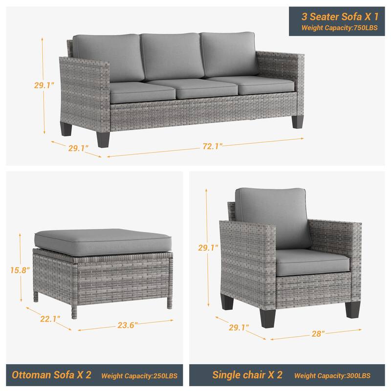 LIVOOSUN 5Pcs Patio Furniture Set Grey Rattan Coversation Seating Set