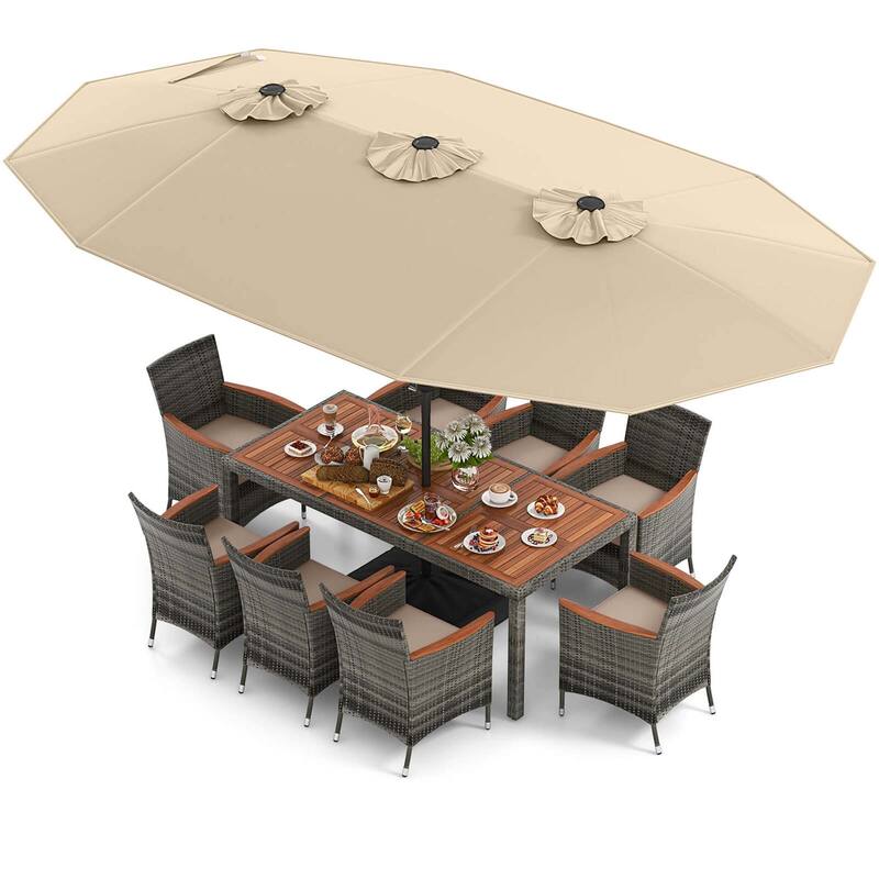 10 PCS Patio Wicker Dining Set Outdoor Furniture Set w/ Umbrella - Beige