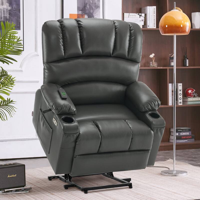 MCombo Large Power Lift Recliner Chair with Massage and Heat, Cup Holders, Side Pockets, Faux Leather R7092 (Large-Wide) - Grey