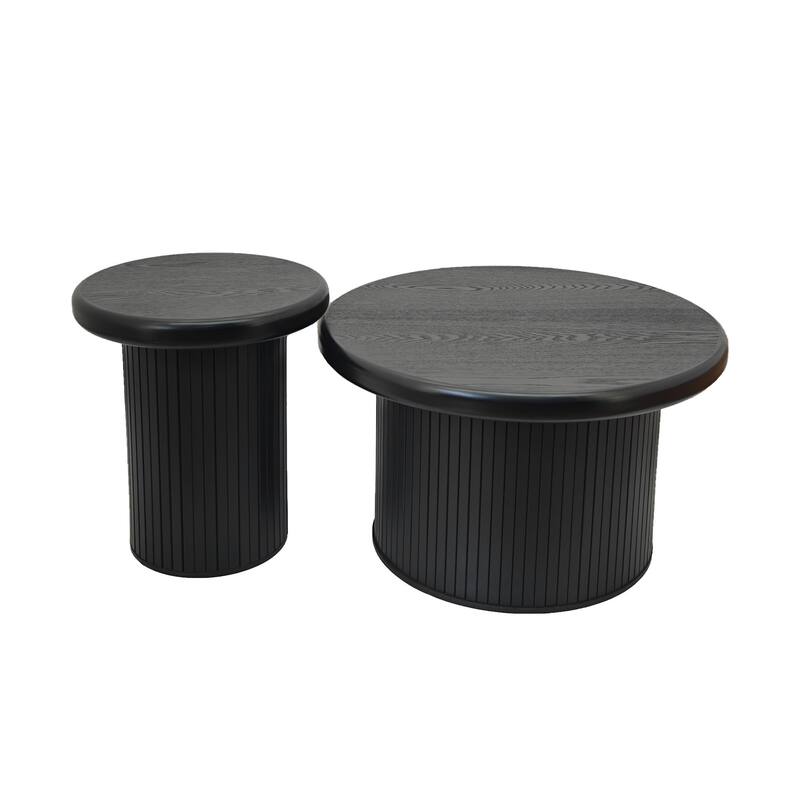 Roomfitters Modern Round Coffee Table Set with Fluted Leg Design, 2-Piece Dual Table Combination, Black Finish