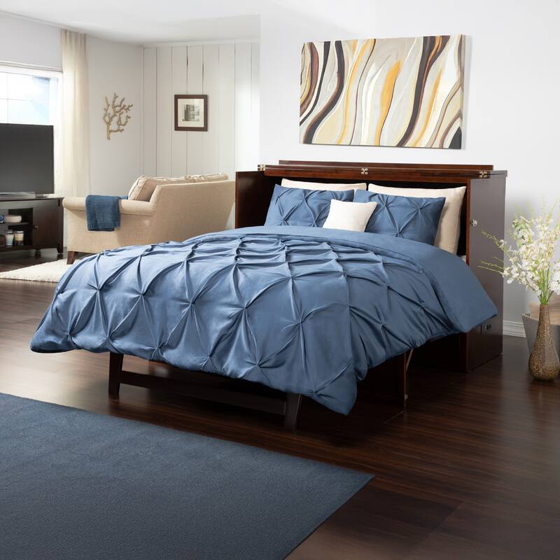 Deerfield Queen Murphy Bed Chest with 6" Mattress, Storage Drawer & Built-In Charger in Walnut