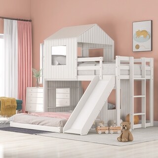 Nestfair Twin Over Full Wooden Bunk Bed with Slide and Guardrails - Bed ...