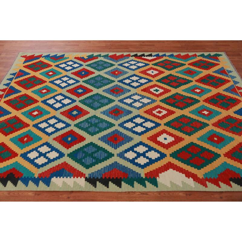 Hand Woven Oriental 100% Wool Carpet Southwestern Geometric Multi-Colored Kilim Area Rug - 8' 4'' X 5' 8''